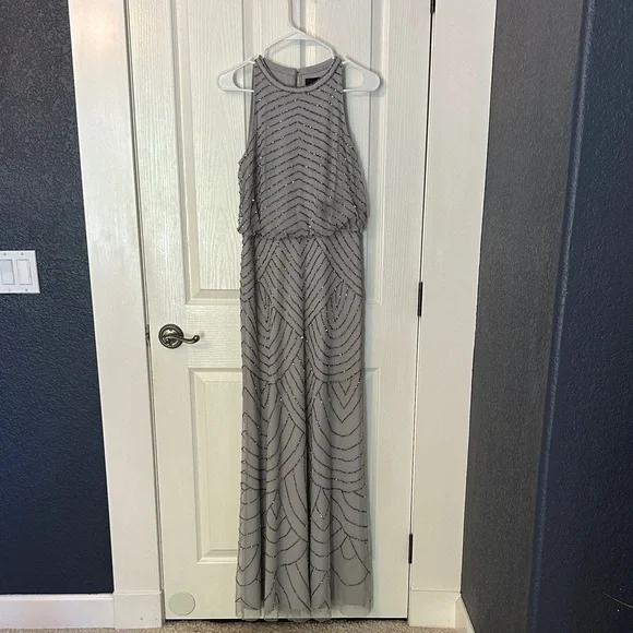 Adrianna Papell | Dresses | Adrianna Papell Gray Patterned Formal Beaded  Maxi Dress | Poshmark